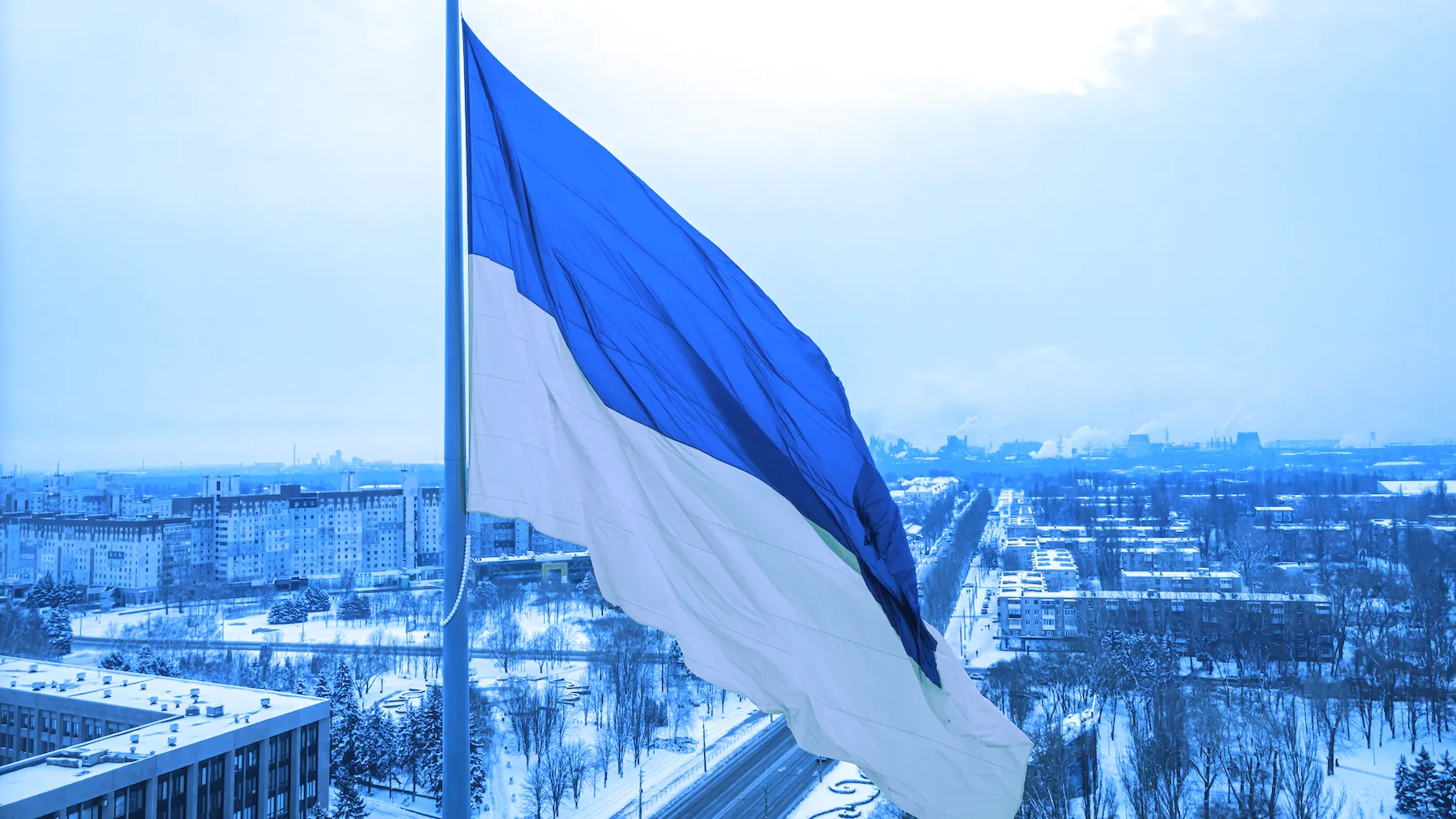 Aerial view of the Ukraine flag in winter. Image: Shutterstock