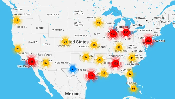 A white map with yellow and red dots on it.