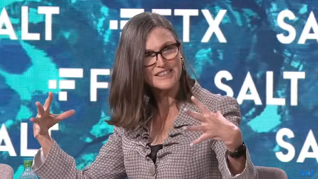 ARK Invest's Cathie Wood speaks onstage at Crypto Bahamas on April 27, 2022. (Screengrab via livestream)