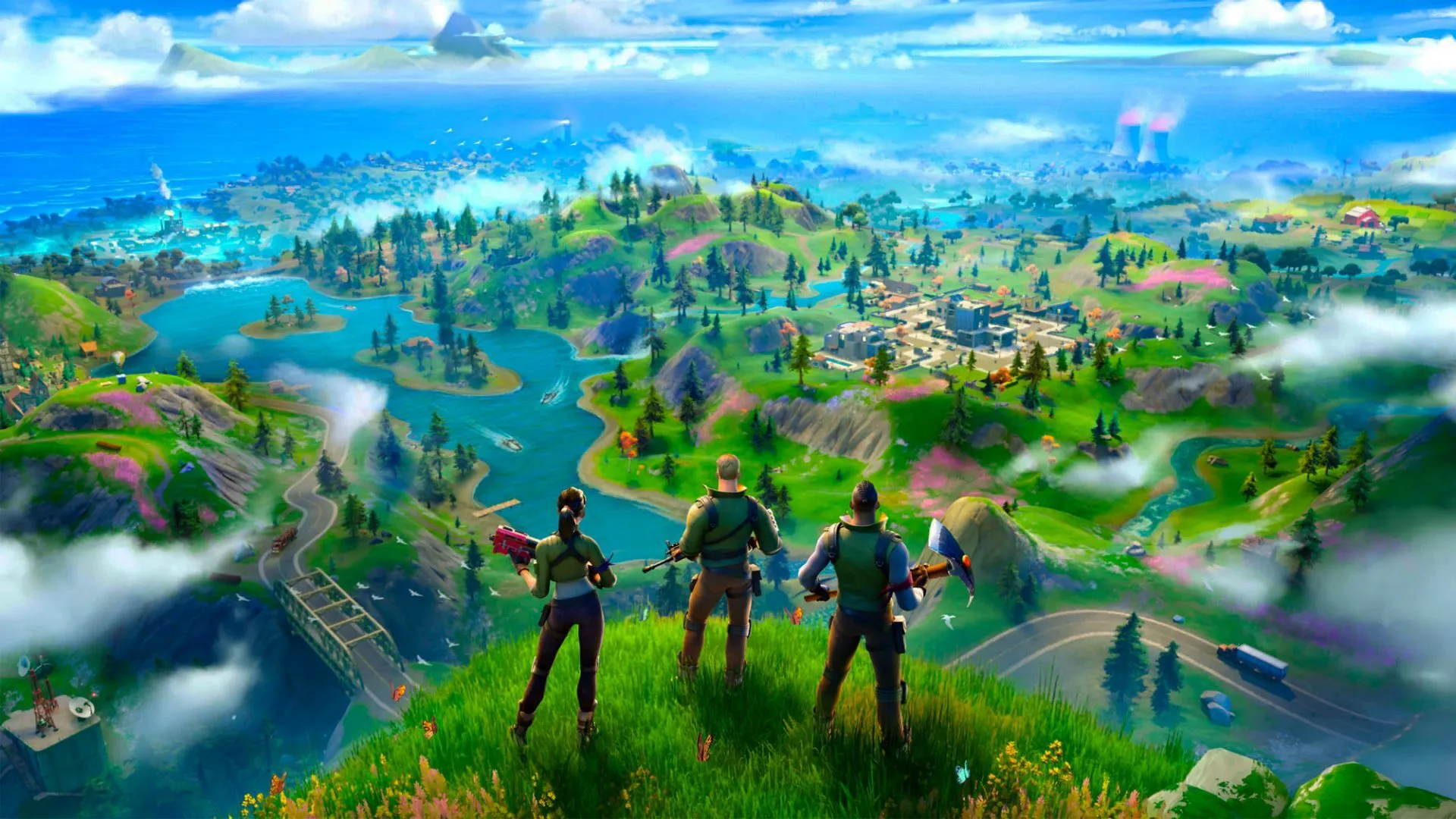 Imagen del juego Fortnite que muestra a tres personajes mirando un paisaje forestal verde y brillante.