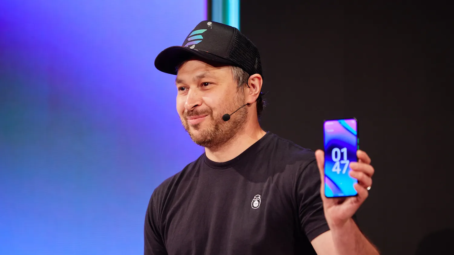 Solana co-founder Anatoly Yakovenko debuts the Solana Saga smartphone. Image: Solana Labs