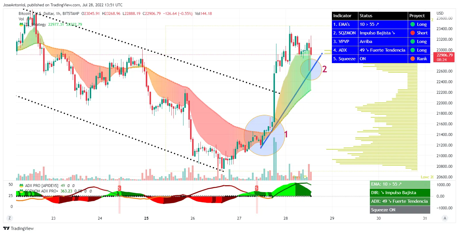 Precio de Bitcoin. Velas a 1 hora. Imagen: Tradingview