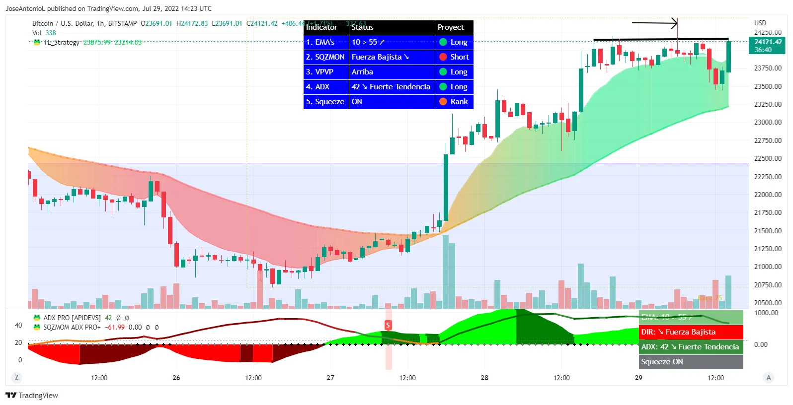 Precio de Bitcoin, velas a 1 hroa. Imagen: Tradingview