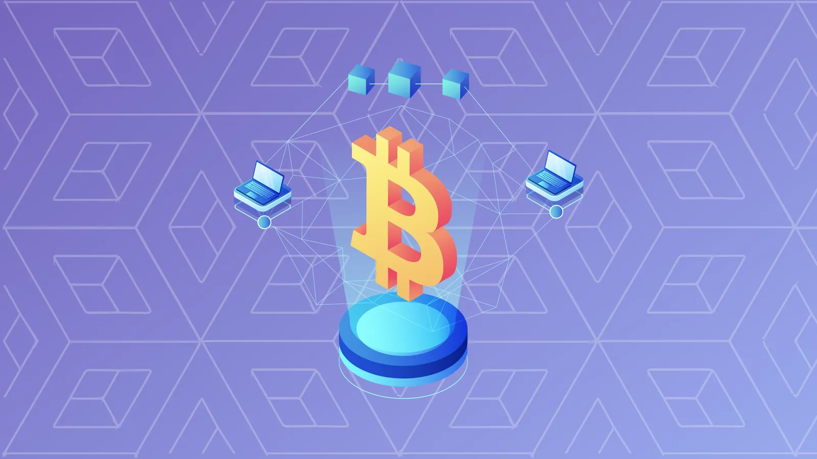 Una ilustración del signo de Bitcoin con los nodos de la blockchain a su alrededor