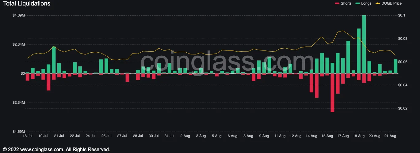 Una gráfica que muestra los datos de liquidación de Dogecoin.