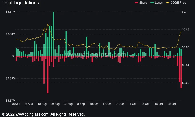 Un gráfico que muestra varias liquidaciones de Dogecoin. 