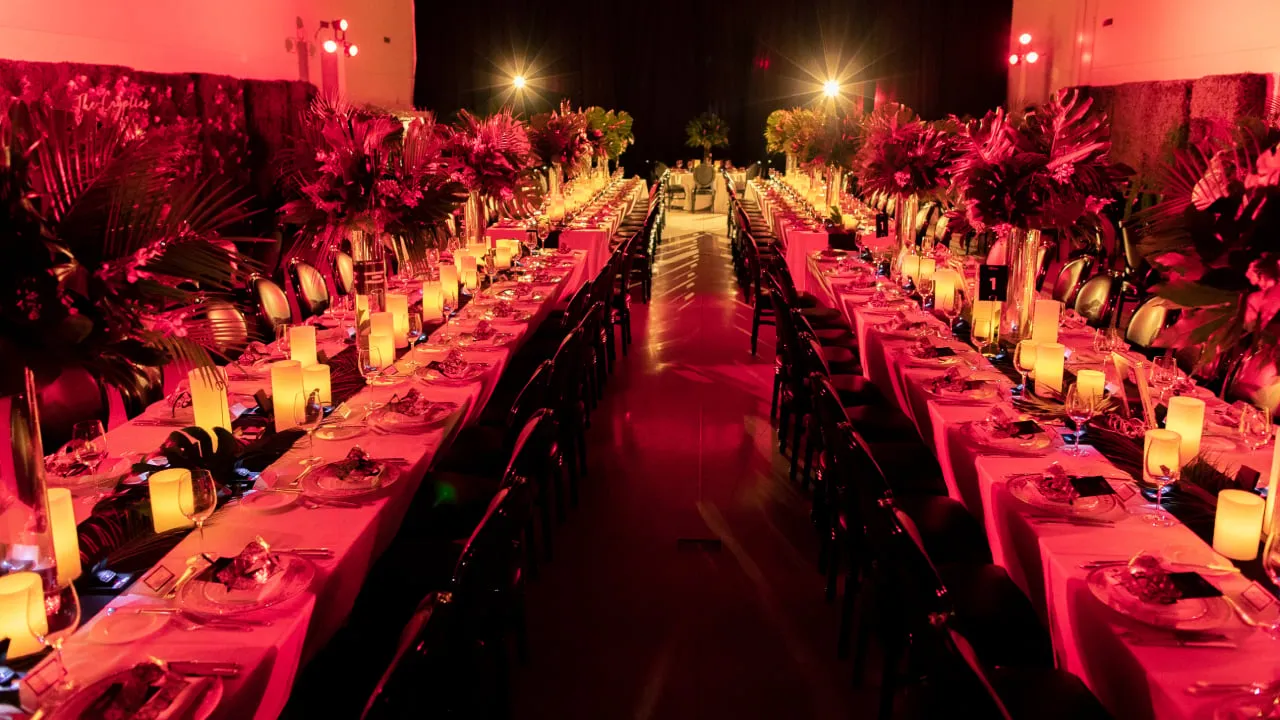 Tables laid with food