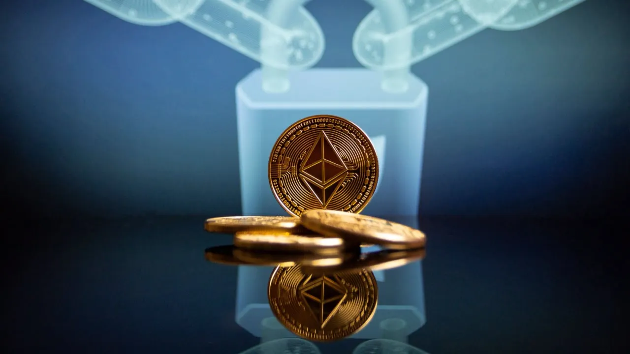 Ethereum tokens in front of a hologram of a lock.
