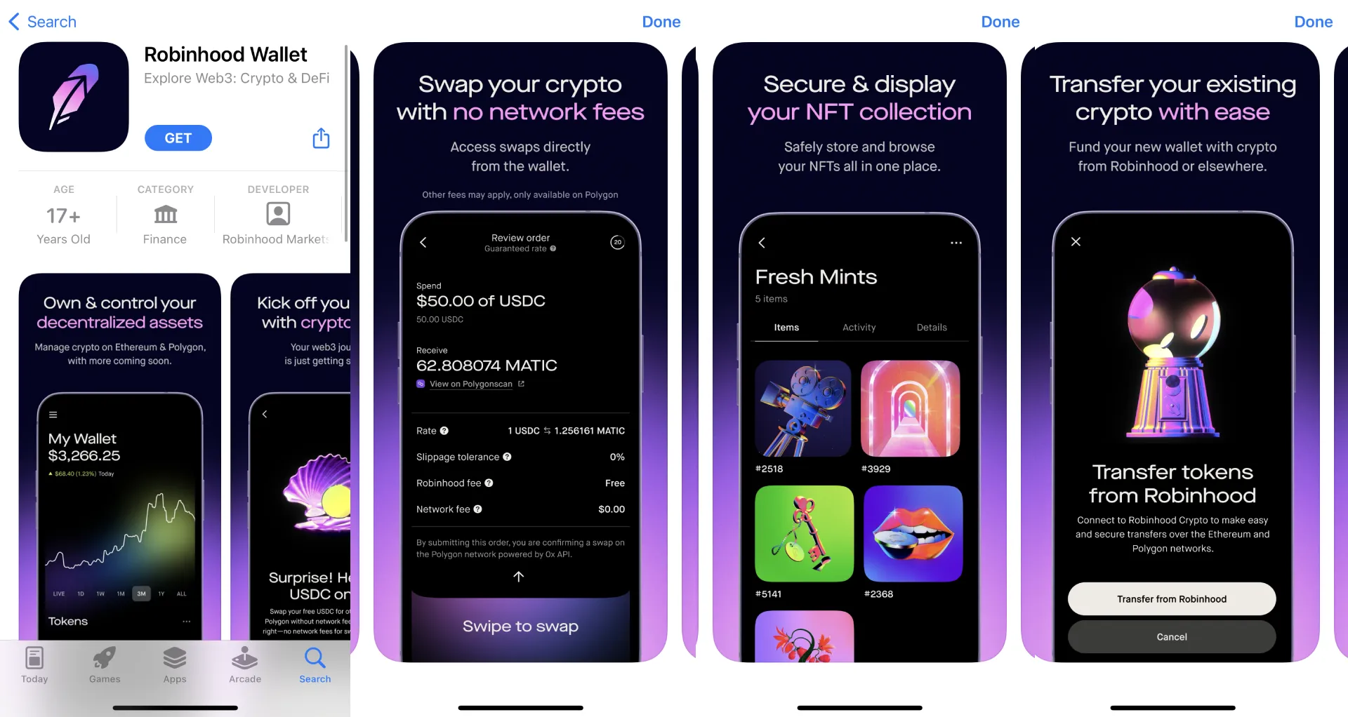 Four screenshots taken from iOS App Store's "Robinhood Wallet" app listing, showing a black and purple color scheme with the wallet's various features.
