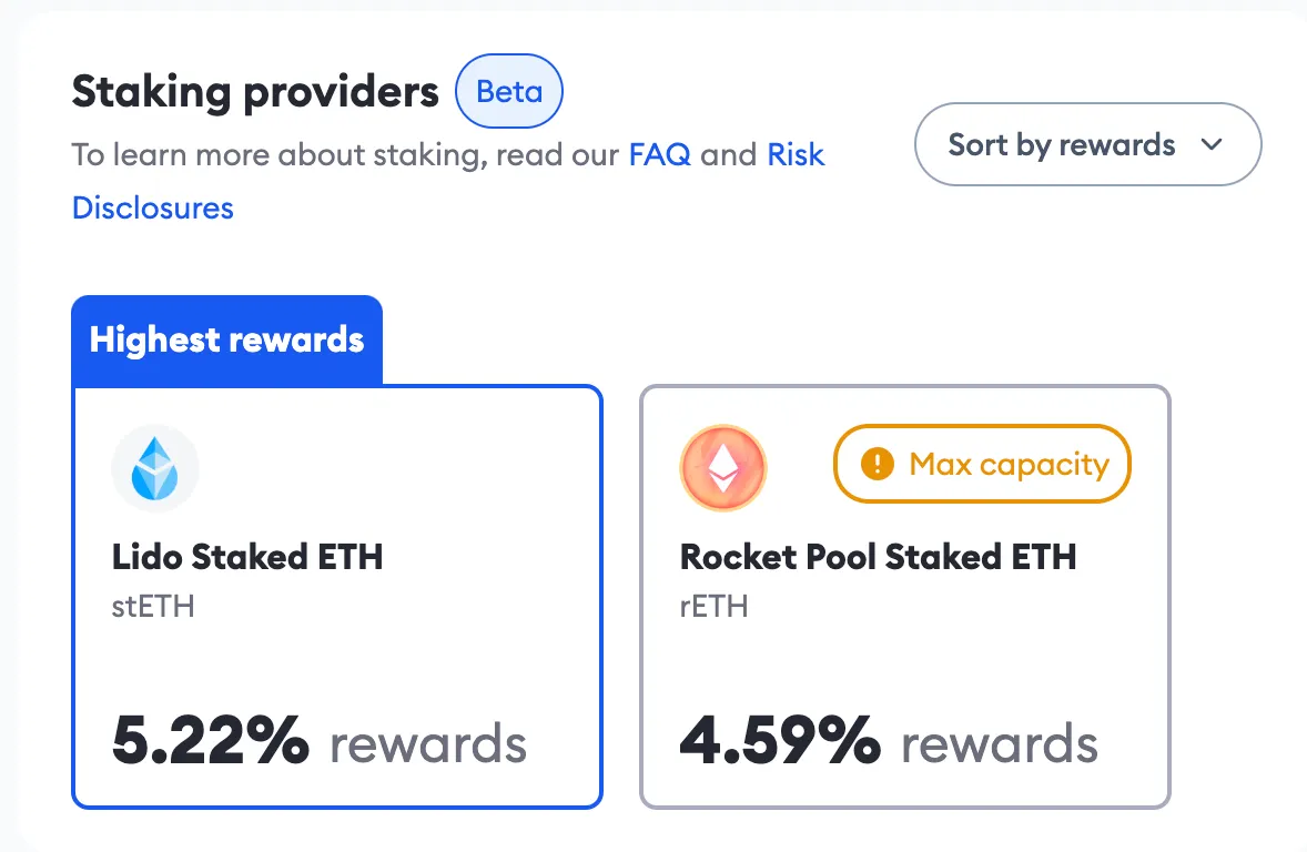 Screenshot showing that MetaMask offers Lido staking and Rocket Pool staking in its ETH staking beta, but Rocket Pool has already reached "max capacity."