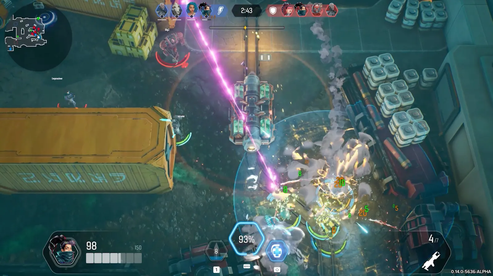 A still from in-game footage of Machines Arena, showing a top-down view of a 4v4 shooter game where heroes have weapons and shoot beams of magical light at each other.