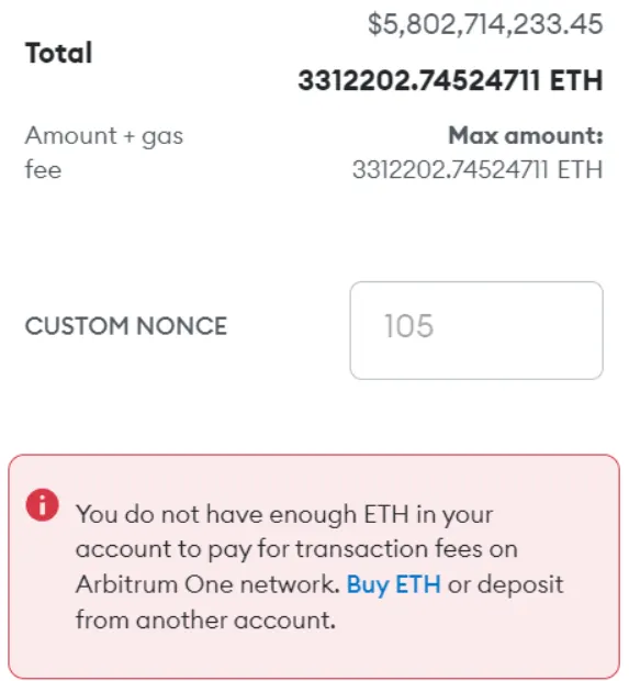 MetaMask display showing huge user fees.