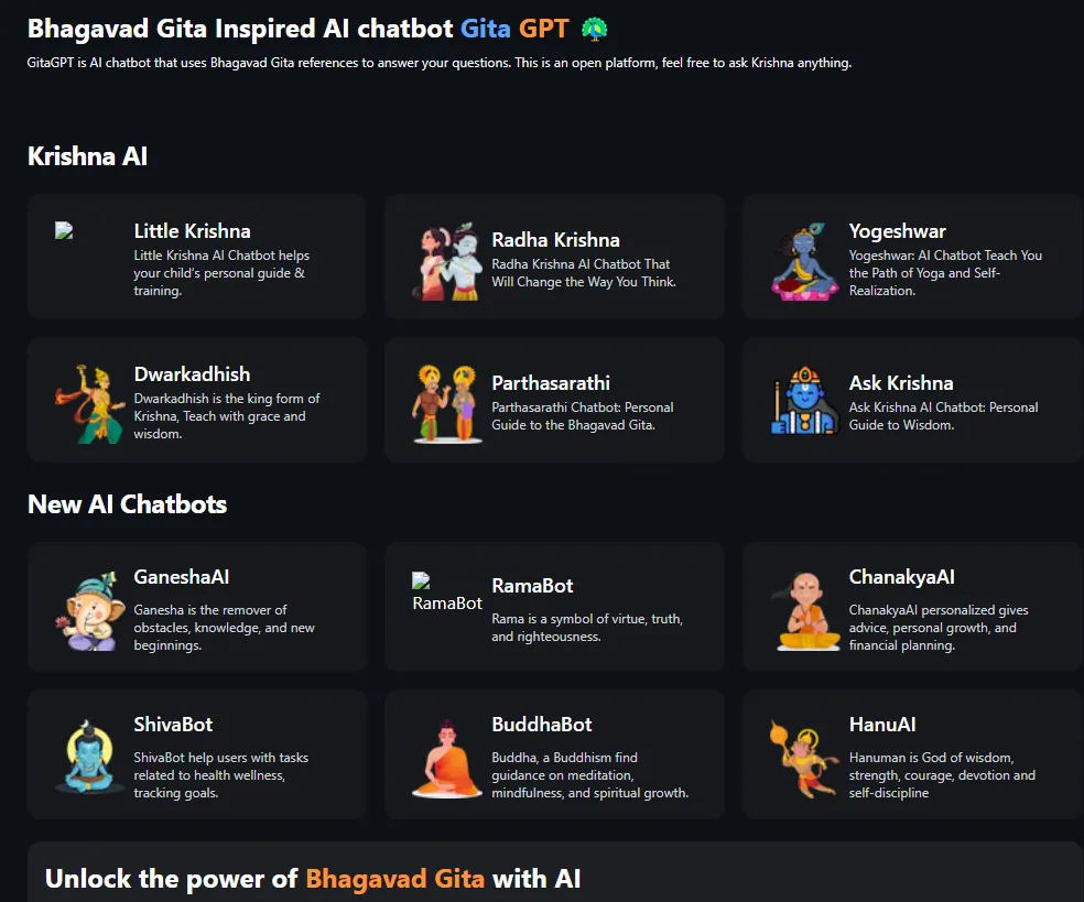 Captura de pantalla de Gita-GPT, con la legenda "despliega el poder de Bhagavad Gita con IA"