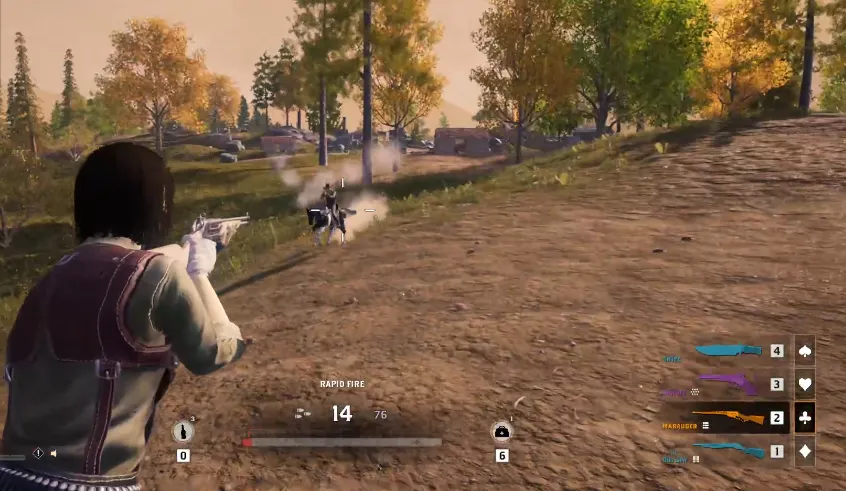 Screenshot of Grit gameplay showing third-person POV of a woman shooting a rifle at a person on horseback.