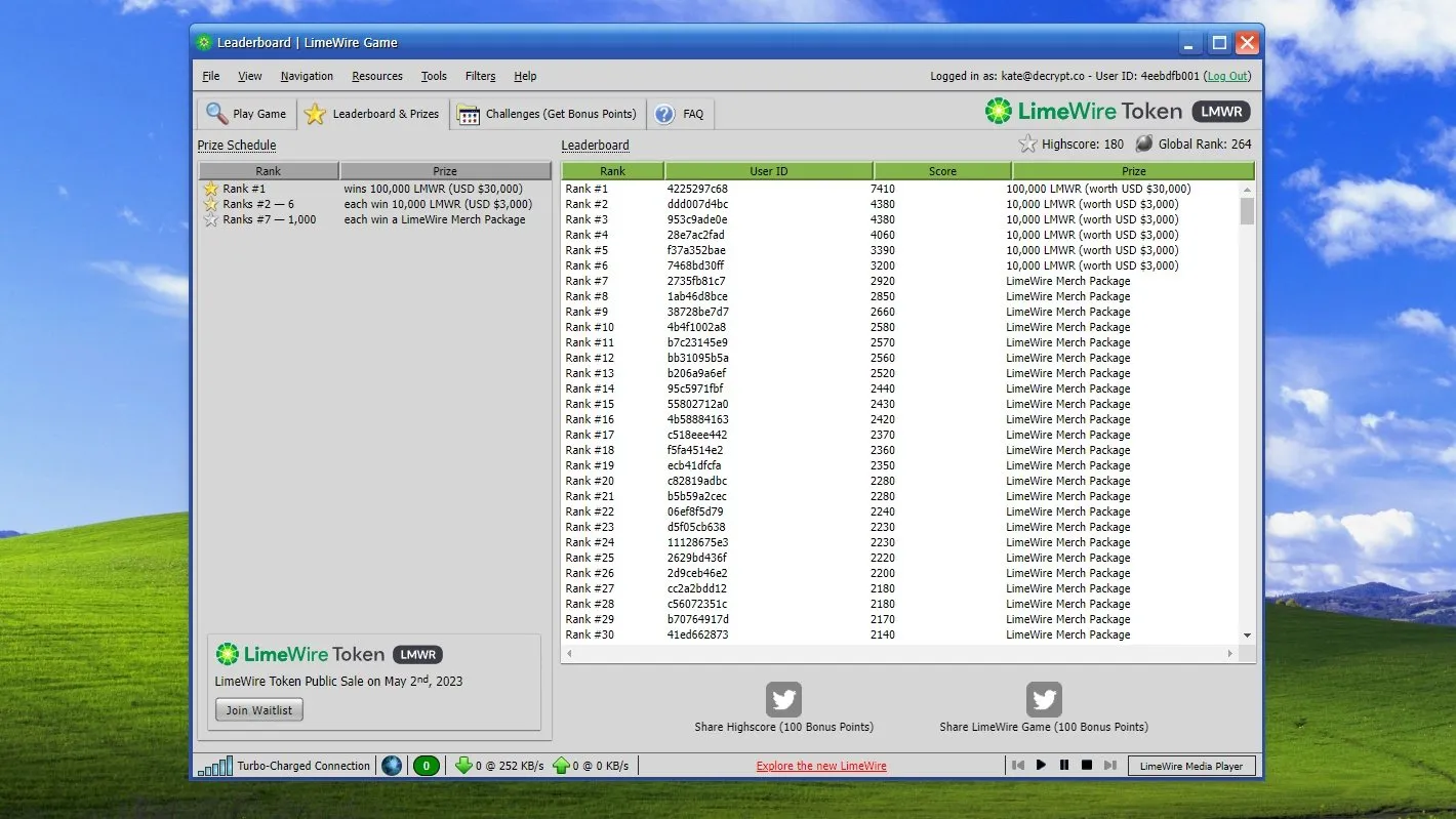 Captura de pantalla que muestra la tabla de clasificación del juego LimeWire.