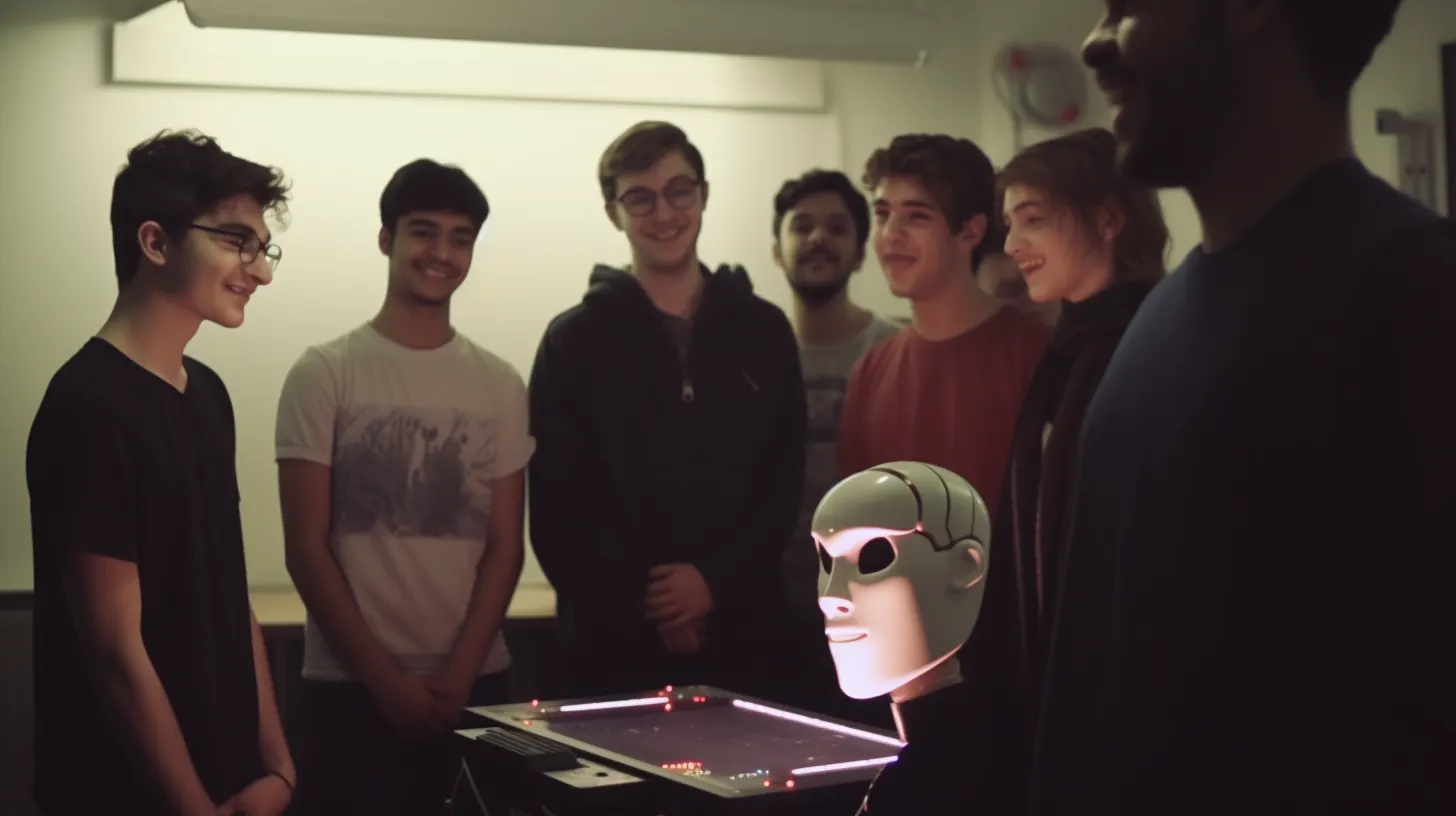 Imagen de una inteligencia artificial (IA) rodeada de estudiantes. Imagen de Decrypt generada con Inteligencia Artificial