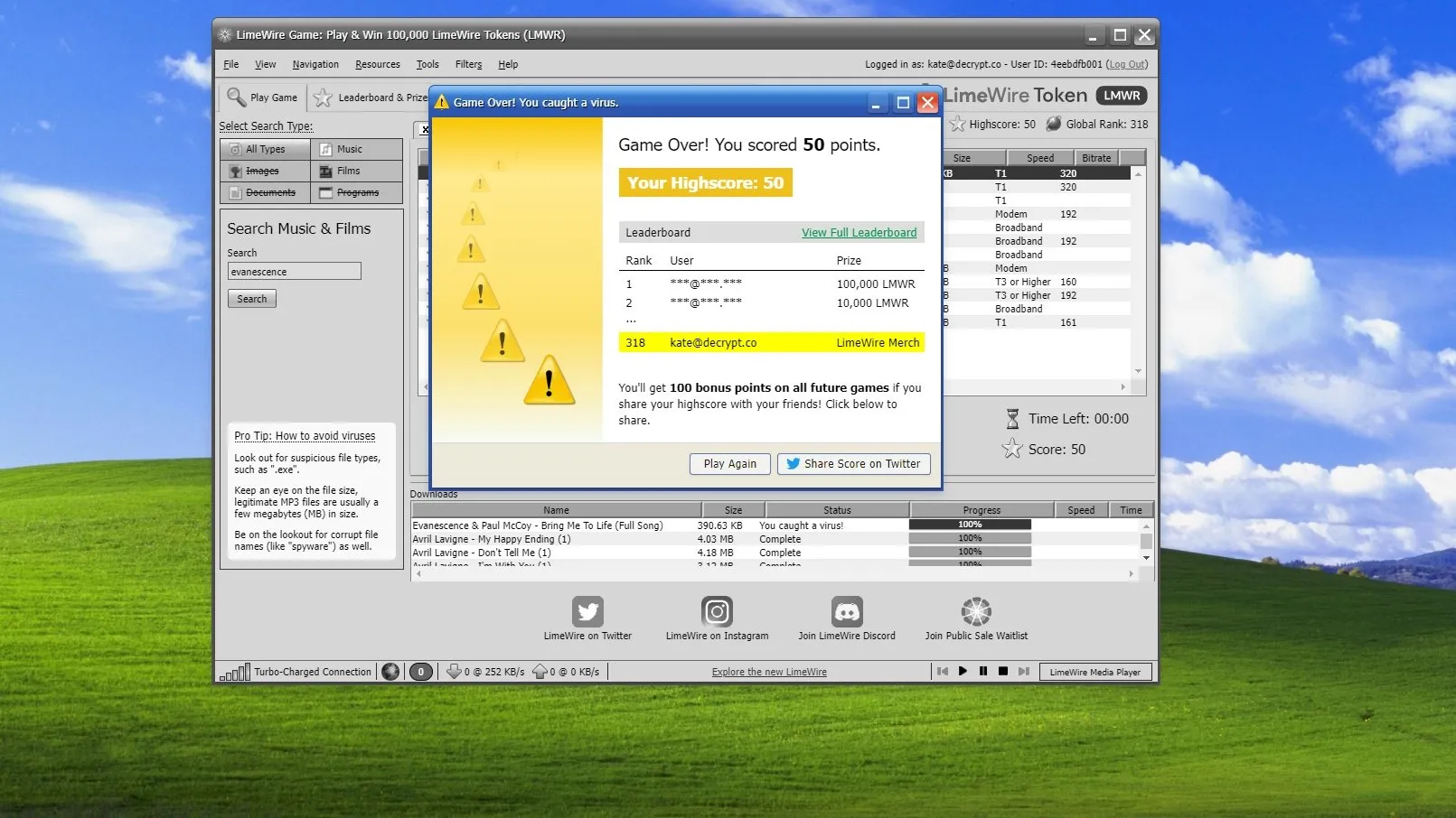 captura de pantalla del juego de navegador LimeWire, mostrando el fondo de escritorio de Windows con colinas verdes y cielo azul con un cliente falso de LimeWire encima. El software muestra que el usuario ha ganado 50 puntos pero ha descargado un virus.