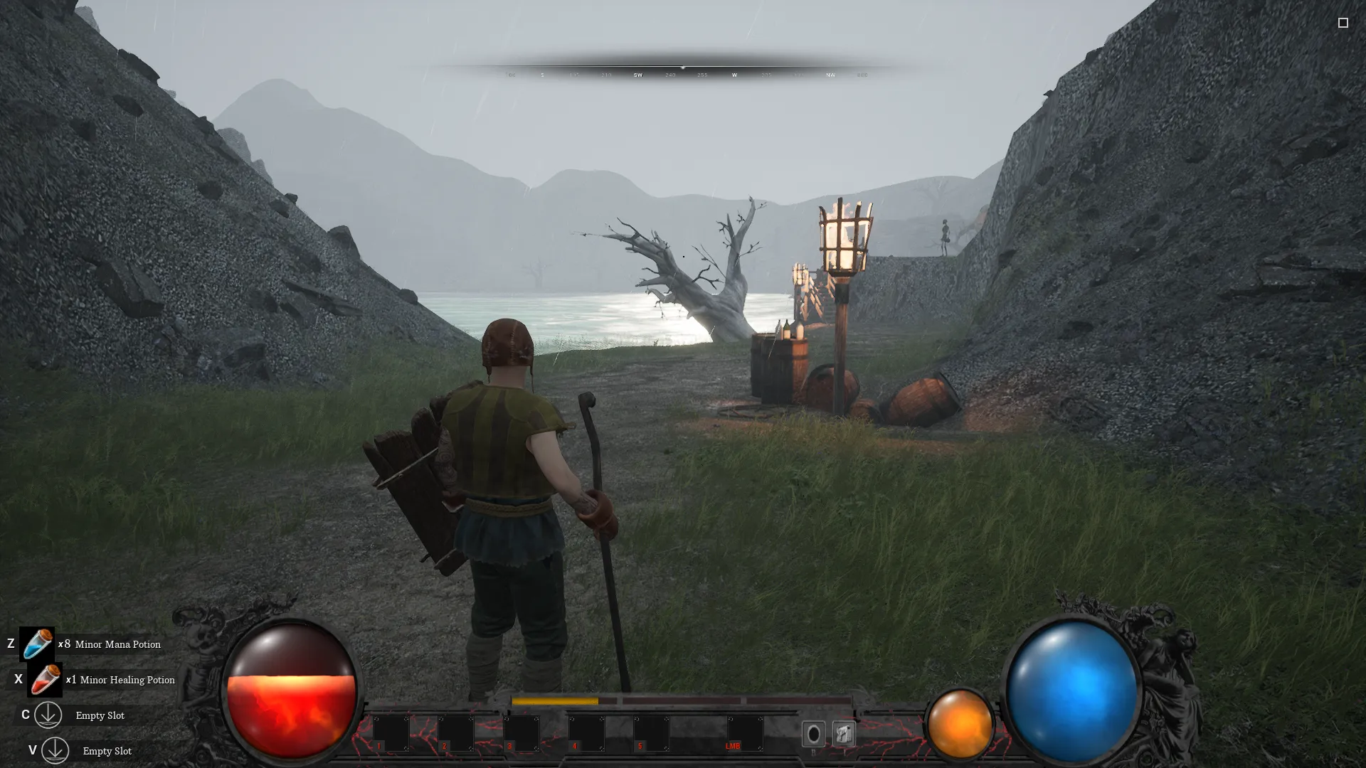 Screenshot of Blight's Wrath gameplay, showing Diablo-style HUD and a third-person POV of a serf in medieval era with large staff and wooden shield standing before a desaturated natural landscape.