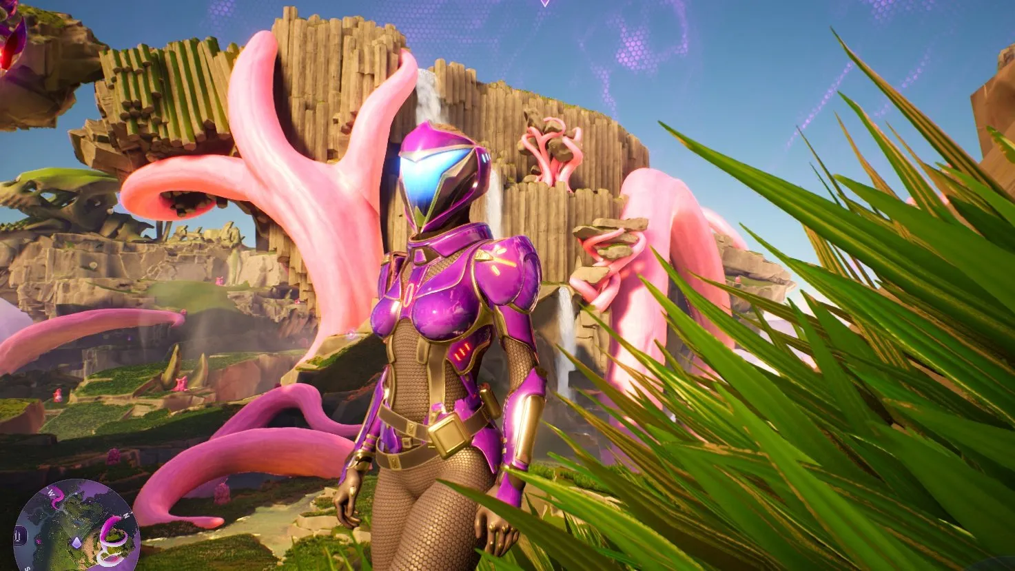 Illuvium Overworld screenshot showing blonde female character wearing visor mask, purple and black armor, in grassy landscape with blue sky and rocky mountains in background.