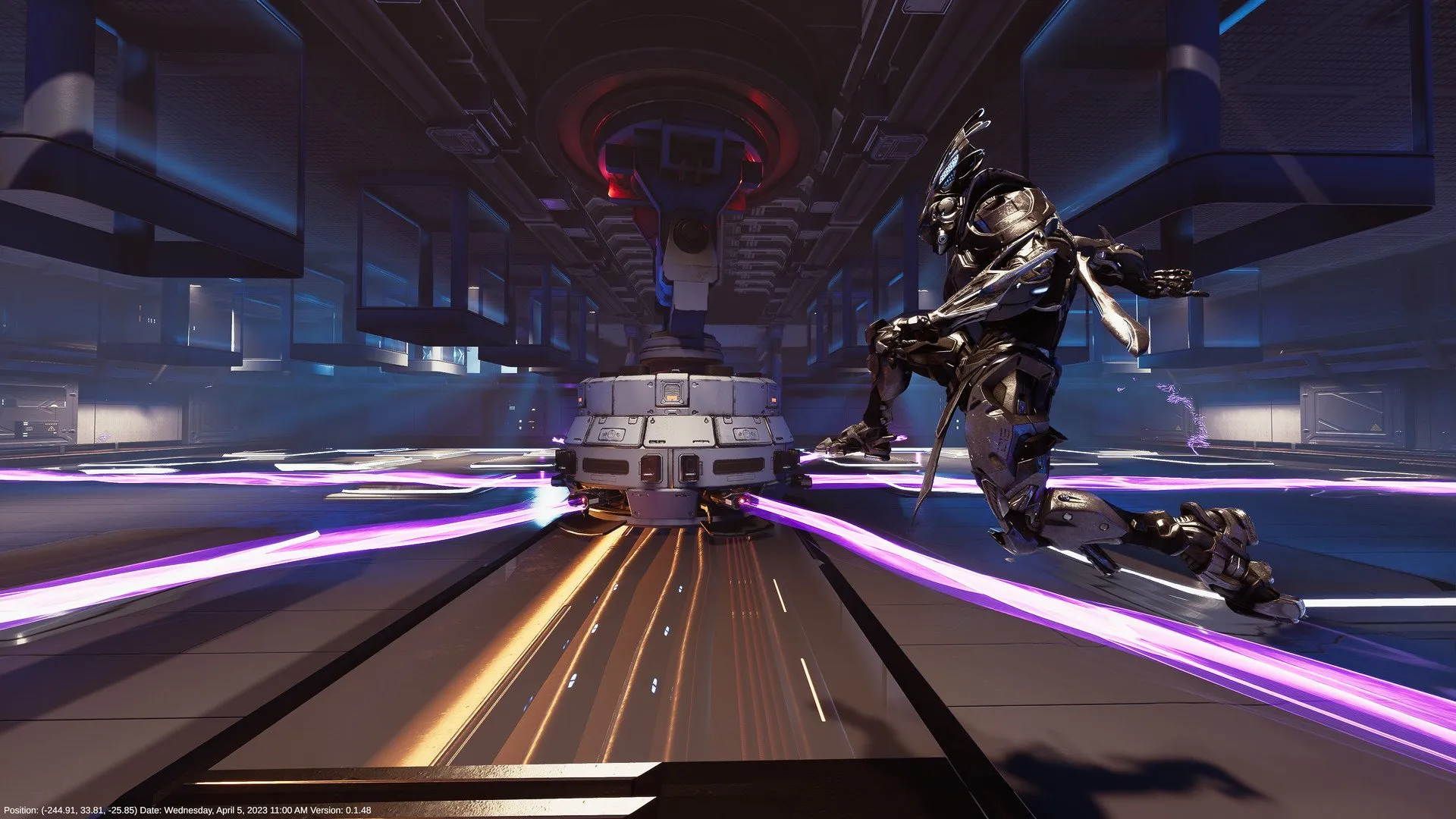 Screenshot from Proving Grounds showing Reyu jumping over purple lasers in scifi dystopian warehouse environment.