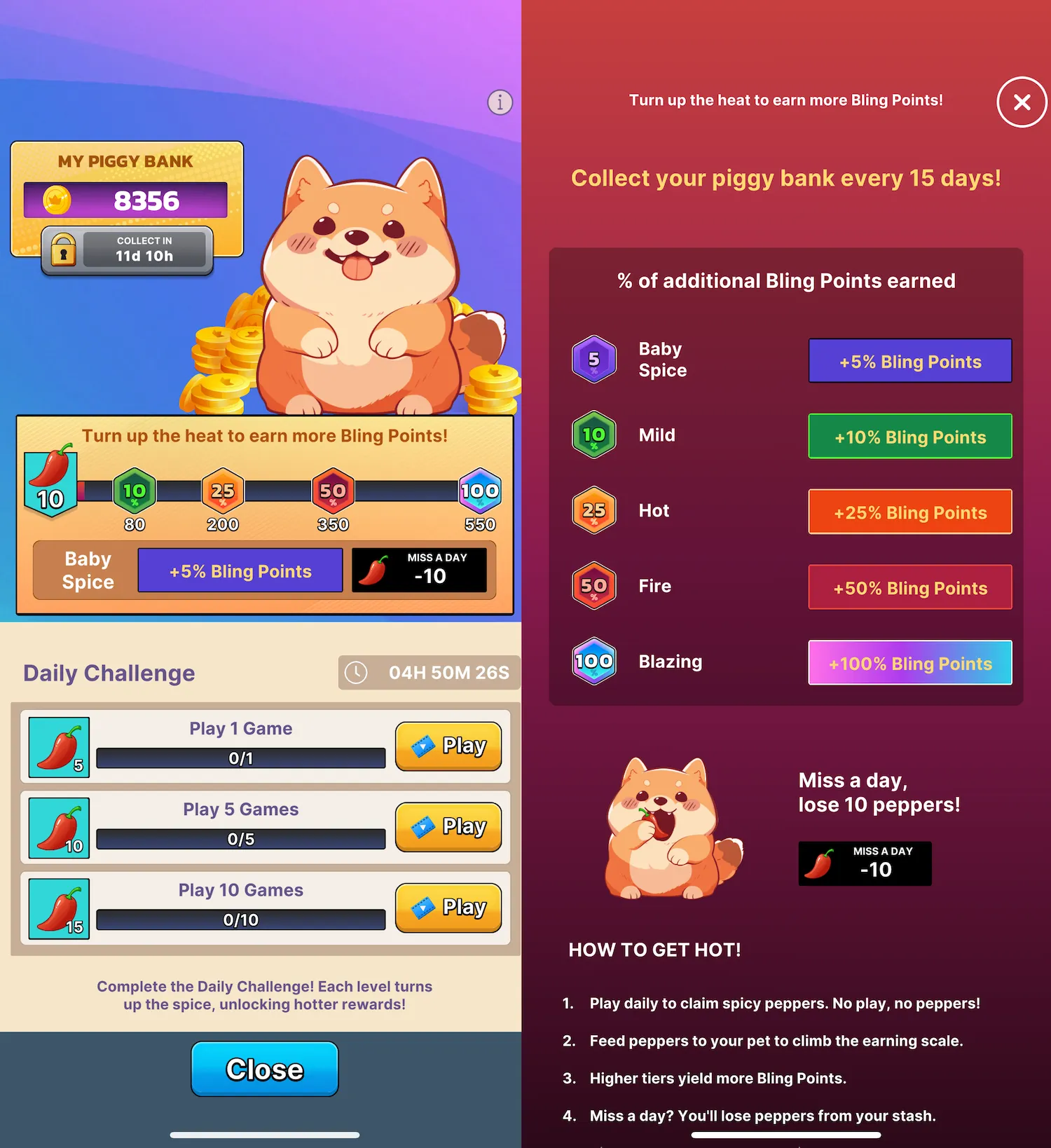 Screenshots from Bling Financial's bonus system