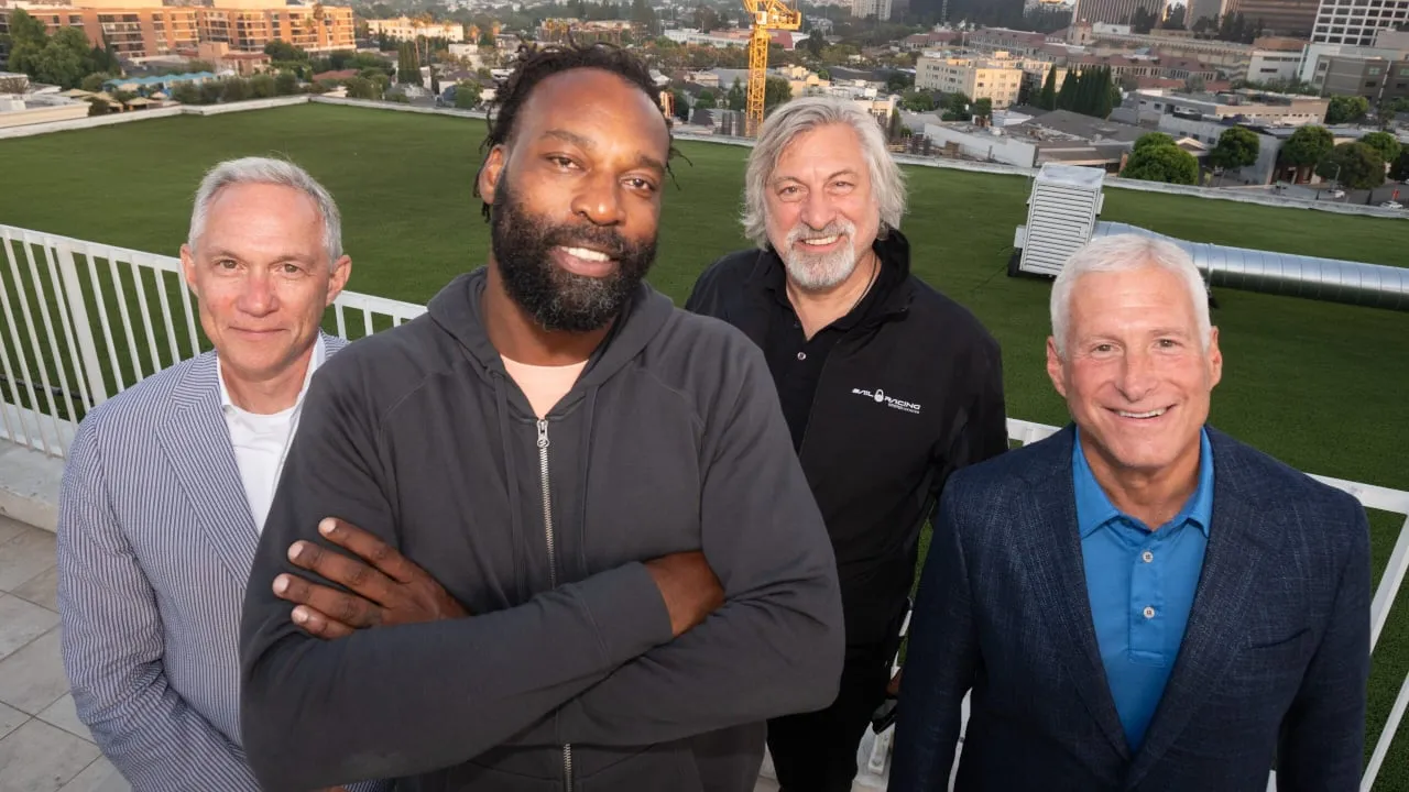 Baron Davis with Fanvest co-founders David Palmer (left) and Jerry Stone (second from right), and film producer Charlie Lyons (right) at a SailGP event last weekend. Photo: SLiC Images