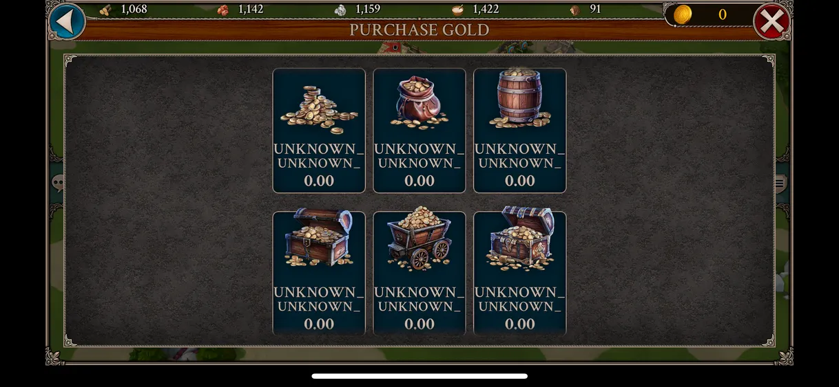 Game screenshot showing chests of gold with an error message below them, showing "unknown" and prices of 0.