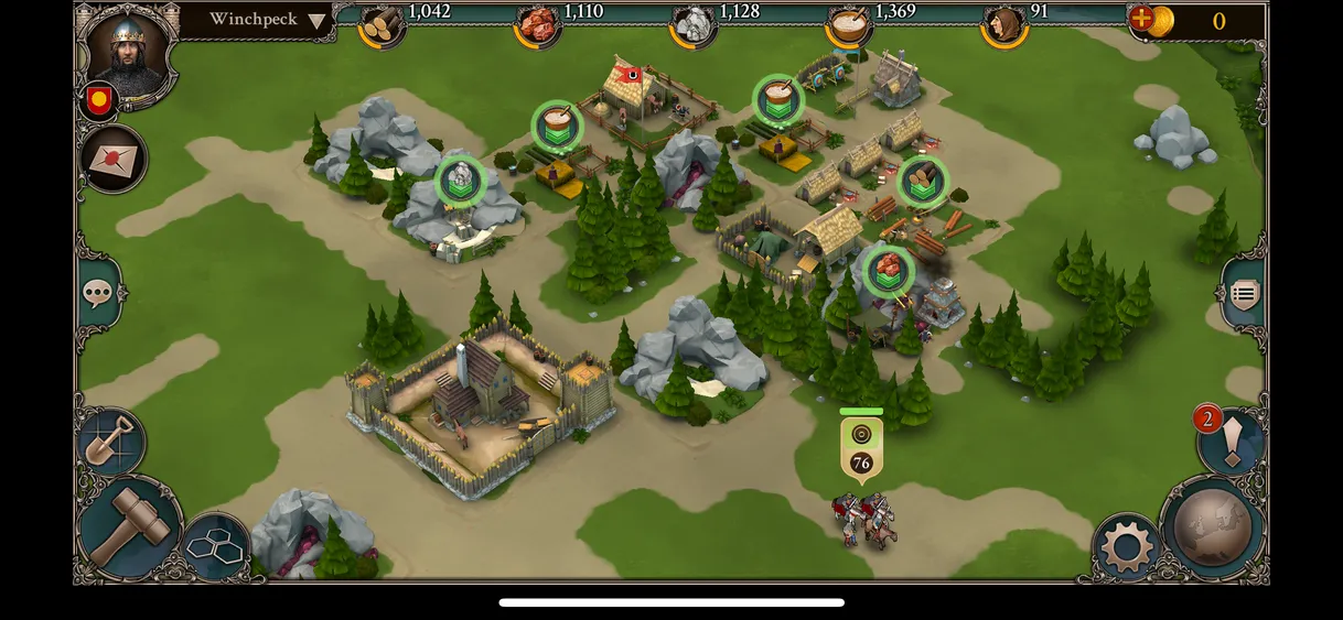 Game screenshot showing bird's eye view of a fortress, pine trees, rocks, and other houses in a medieval English landscape.
