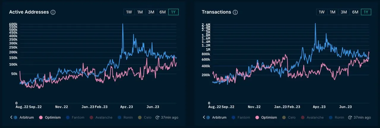 Daily active addresses on Optimism and Arbitrum.