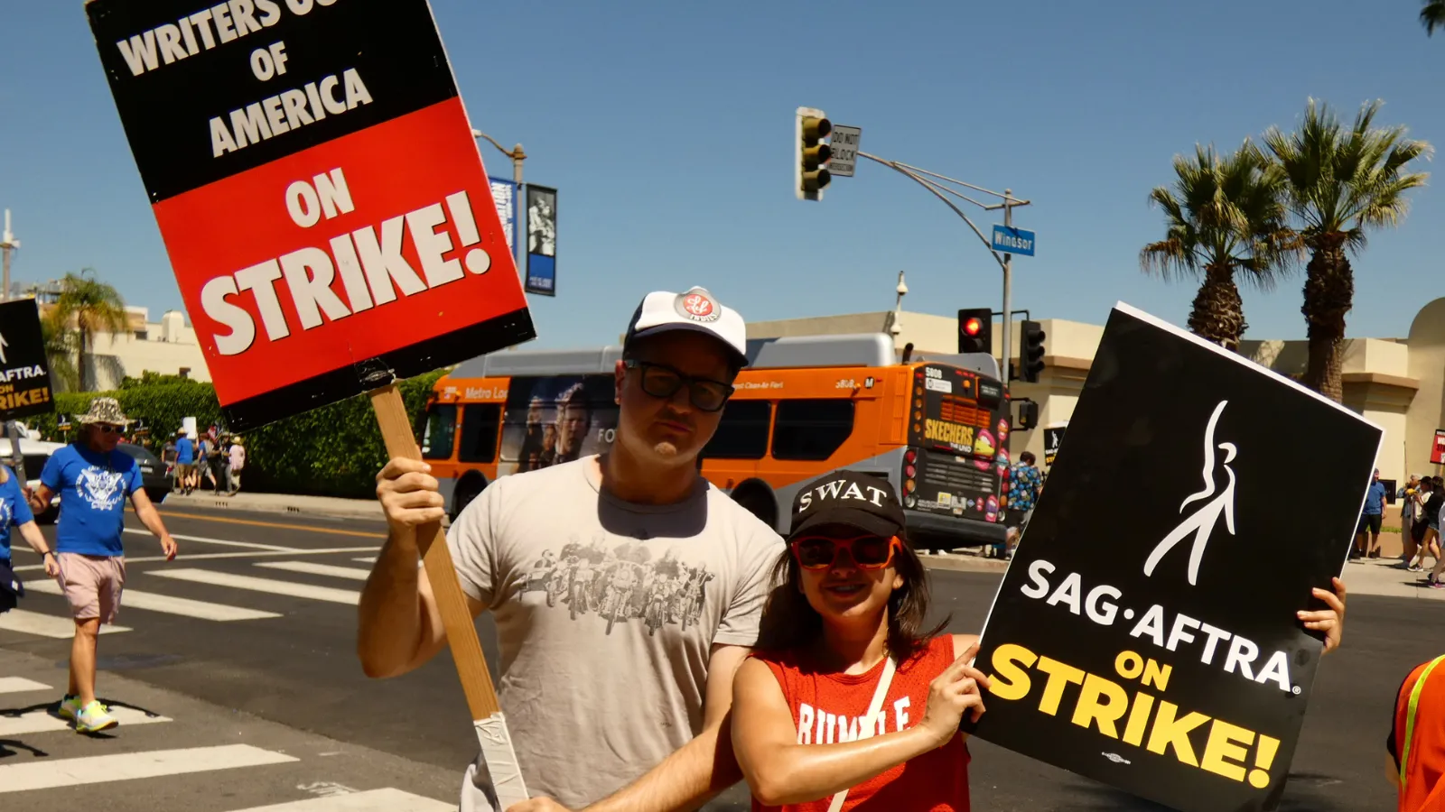 SAG-AFTRA members join WGA members on the picket lines outside of Hollywood studios. Image: Jason Nelson/Decrypt.