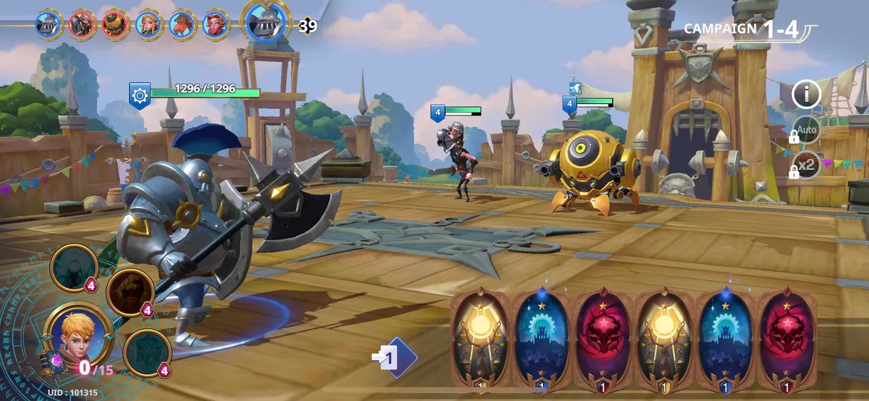 Captura de pantalla del juego Champions Arena en iOS que muestra un personaje caballero tanque preparándose para luchar contra otros dos personajes en un entorno medieval con un escenario de piso de madera.
