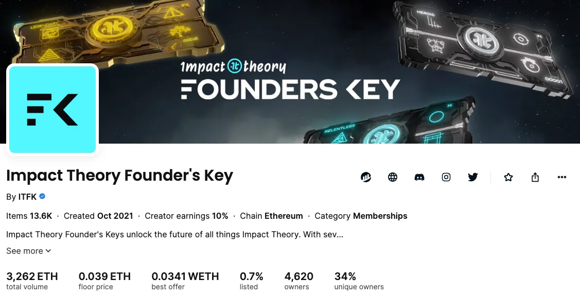 captura de pantalla de la colección de NFT de Impact Theory Founders Key en Opensea