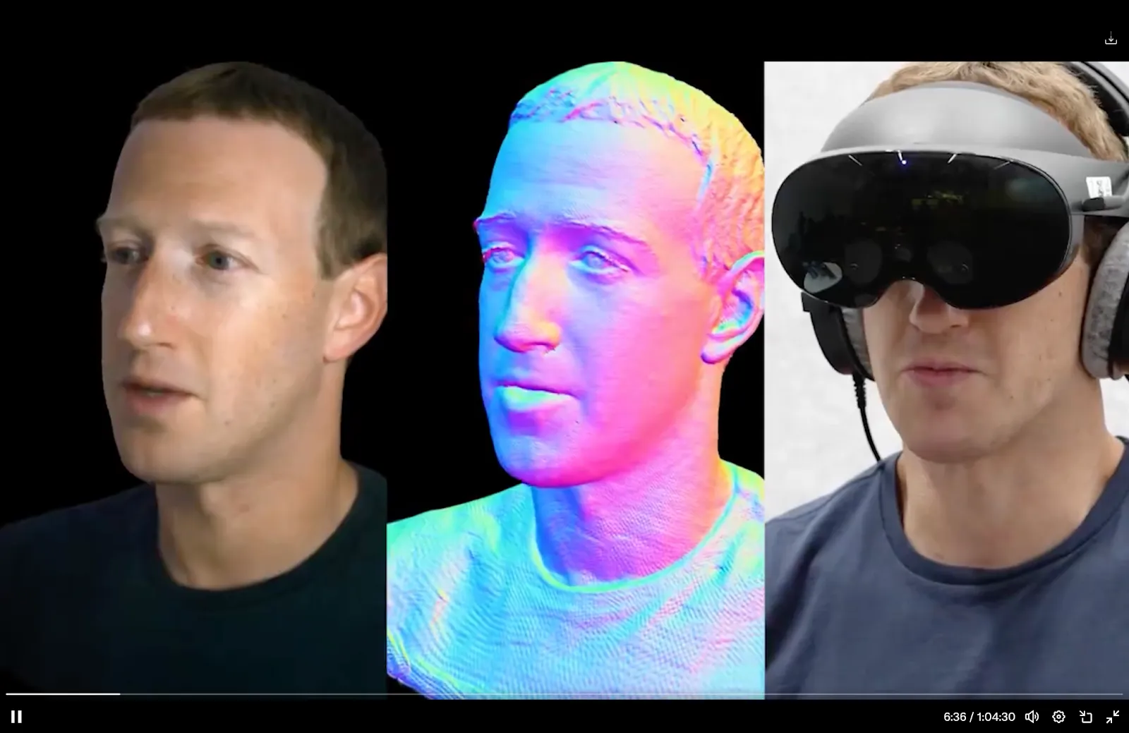 Mark Zuckerberg's avatar, a normal map of him and Mark Zuckerbeg wearing Meta's Quest 3 VR headsets