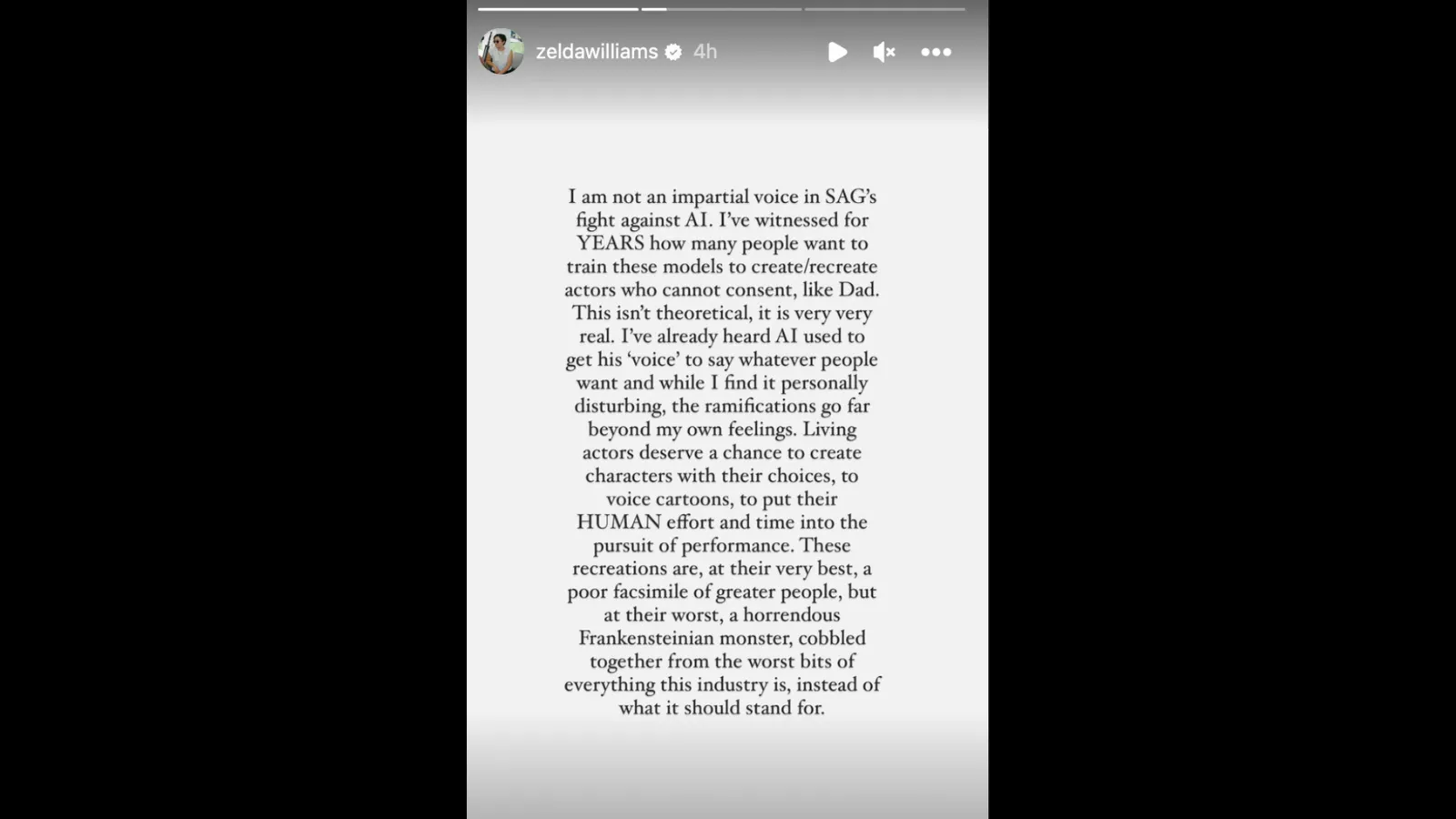 Mensaje de Zelda Williams en Instagram sobre el deepfake de IA de su padre.