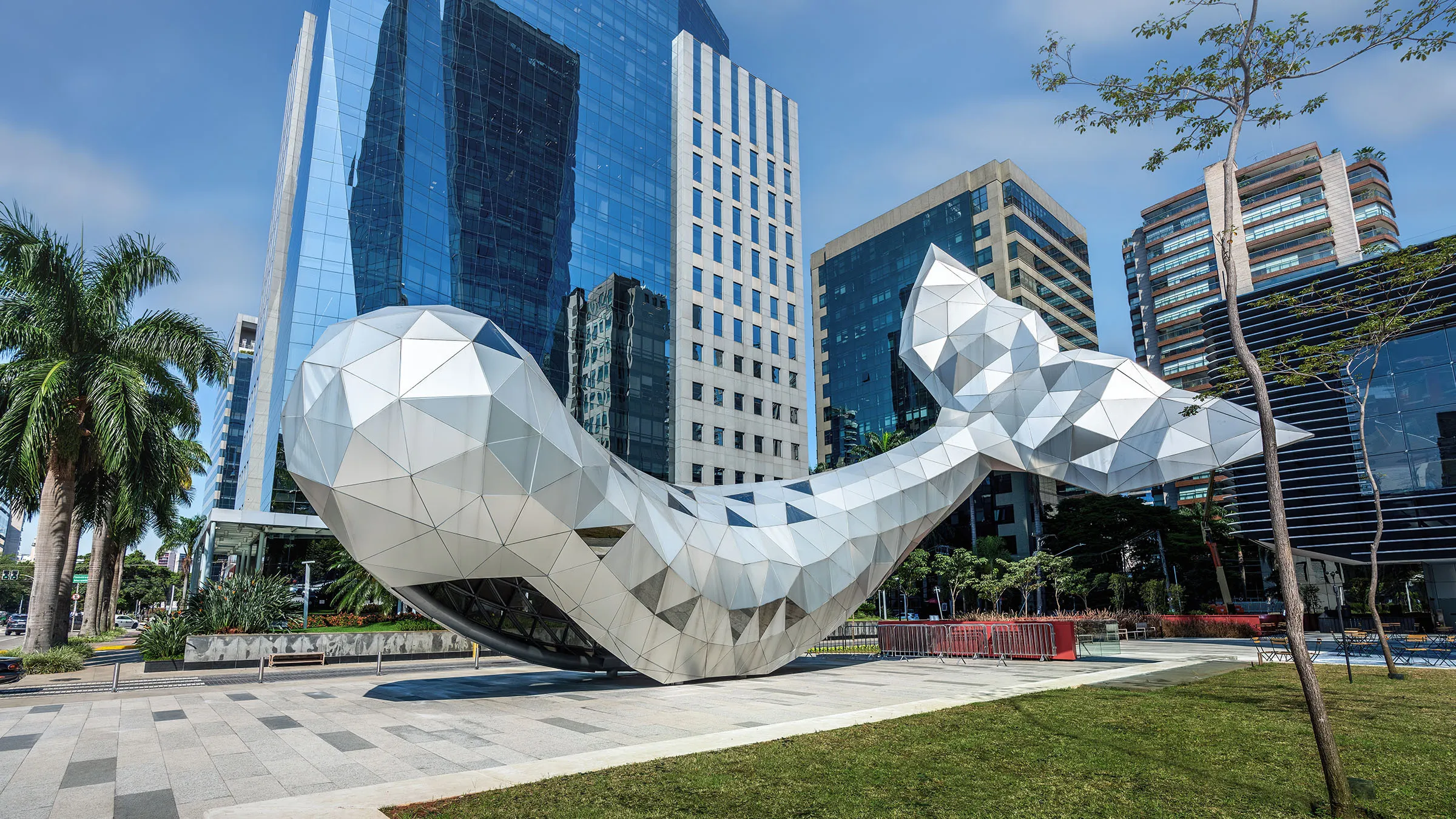 Metallic whale sculpture at Brigadeiro Faria Lima Avenue in Sao Paulo, Brazil. Image: Diego Grandi/Shutterstock.
