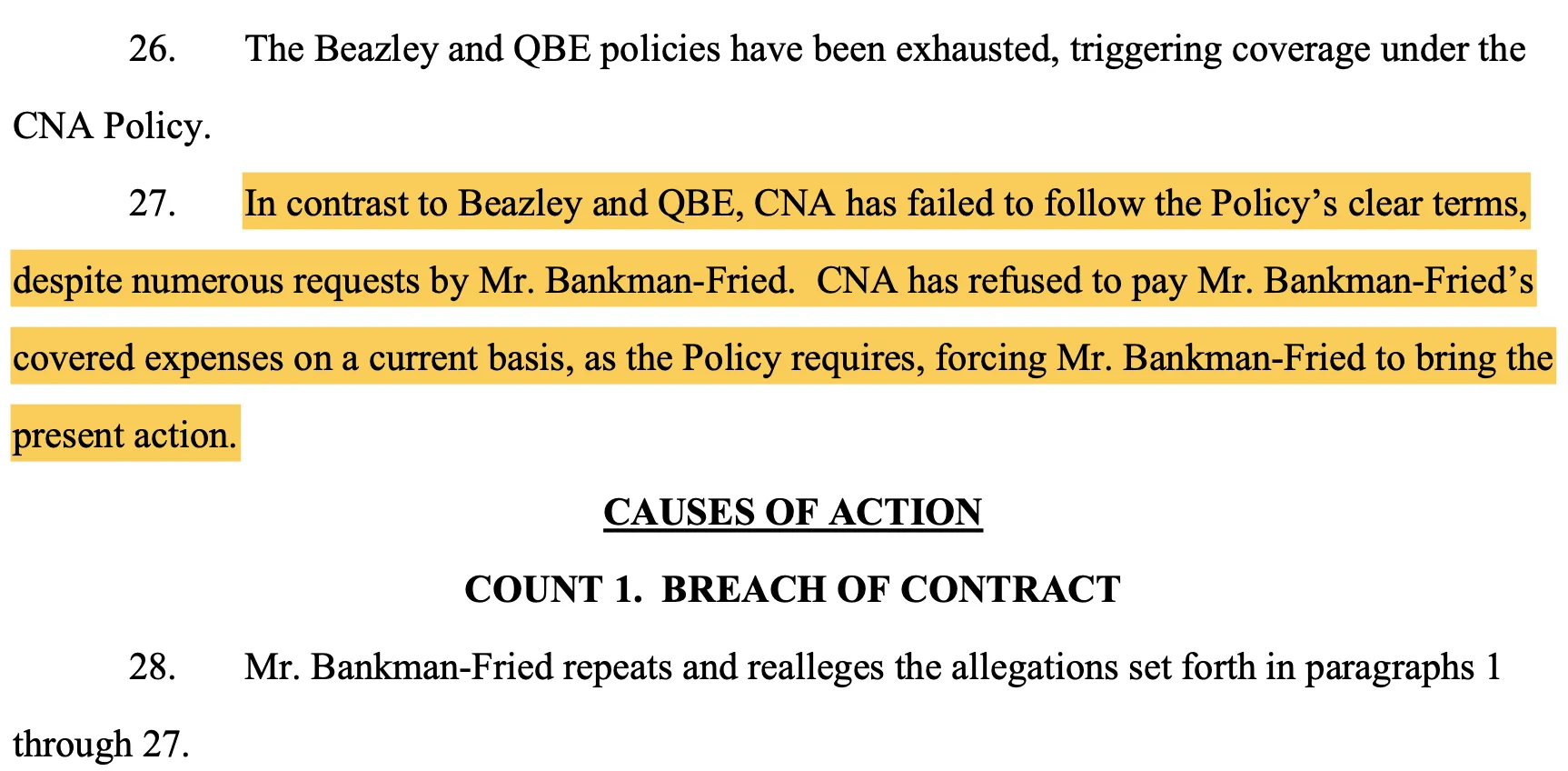 extracto de la demanda de Sam Bankman-Fried contra Continental Casualty Company