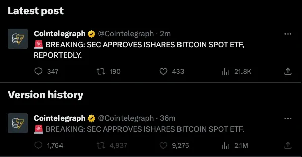 Captura de pantalla del tweet de Cointelegraph que dice que la SEC ha aprobado la solicitud del iShares Bitcoin Spot ETF