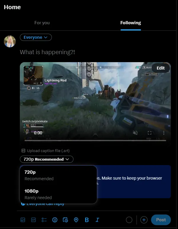 Screenshot showing pixiekate13's Twitter feed as she is preparing a video upload. The resolution options showing 720p or 1080p. Underneath 1080p are the words "rarely needed."