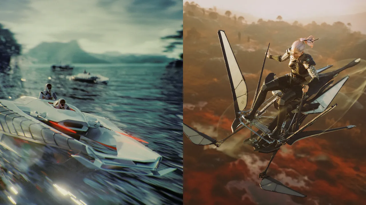 Parallel card art. 2 card images with no text on them. One is two figures in white outfits wearing helmets on a white speedboat moving across a blue body of water. The other is a woman riding a flying craft with bug-like wings.