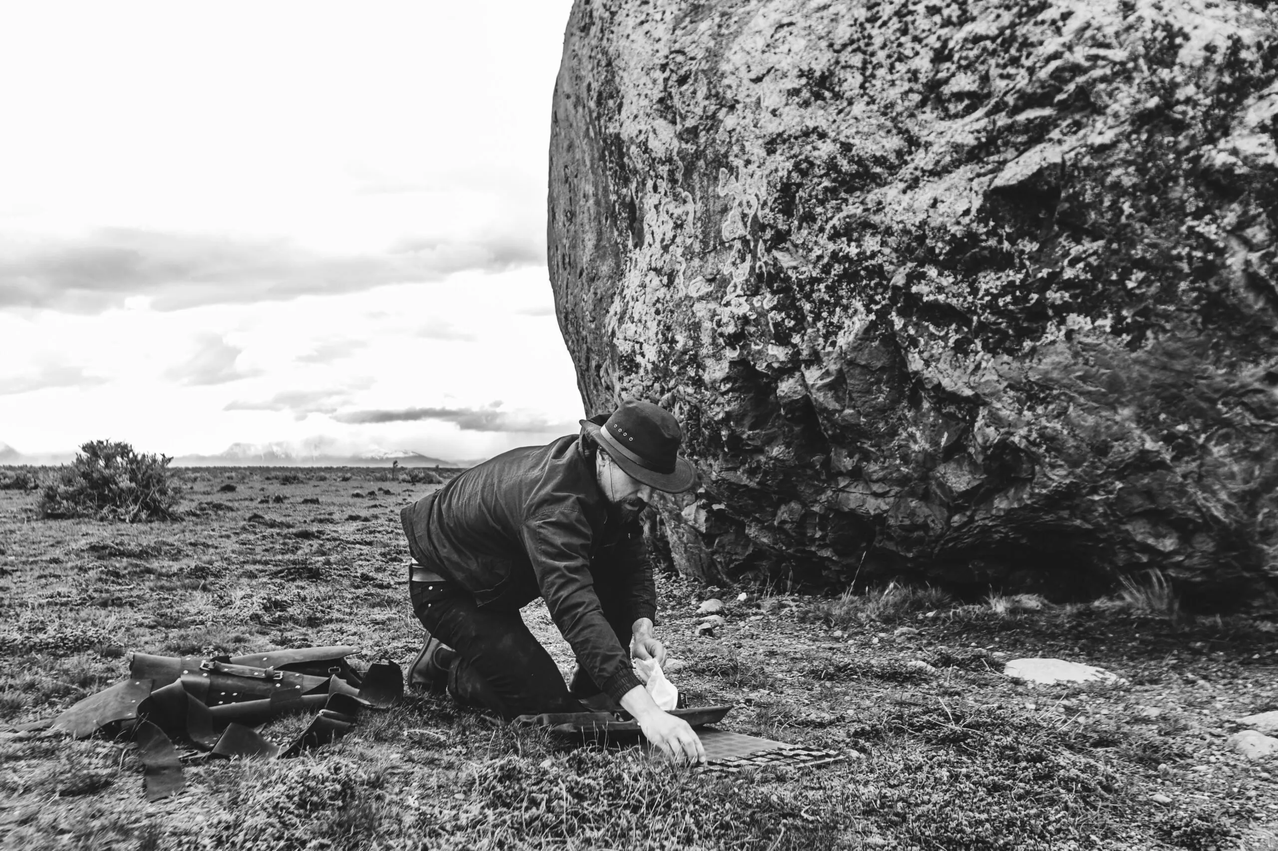 Deafbeef prepares the Hashmarks sculptures at the glacial erratic in Patagonia earlier this month. Photo: Jorge Uribe