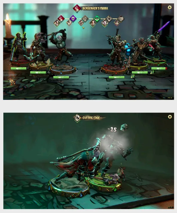 Two game screenshots of Champions Tactics showing 3 figurines on each side of a board, all with almost full health bars. An abilities bar appears above the characters. The second screenshot shows one figurine doing 15 damage to another.