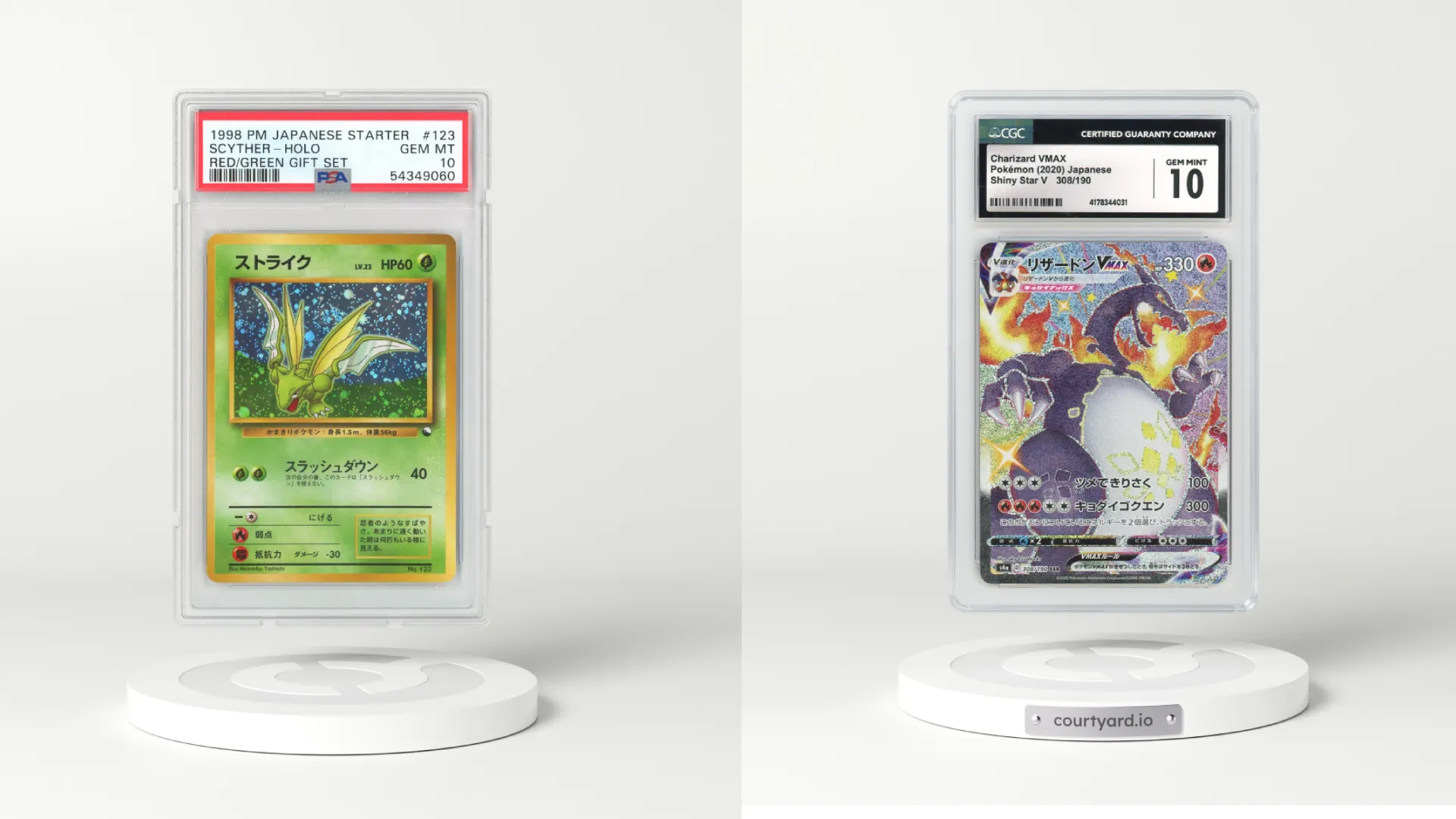 Images of rare Scyther and Charizard cards.