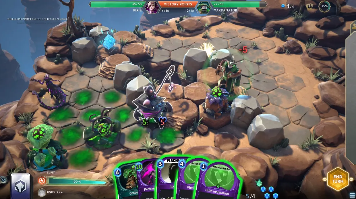 Game screenshot of Shardbound, showing tiled board-like desert landscape with cards in player's hand and green goo covering half the map with a few characters standing on tiles.