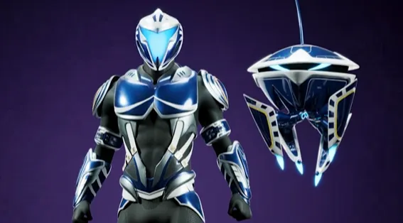 Screenshot showing a scifi armor suit that's black, blue, and white along with a navy and white drone.