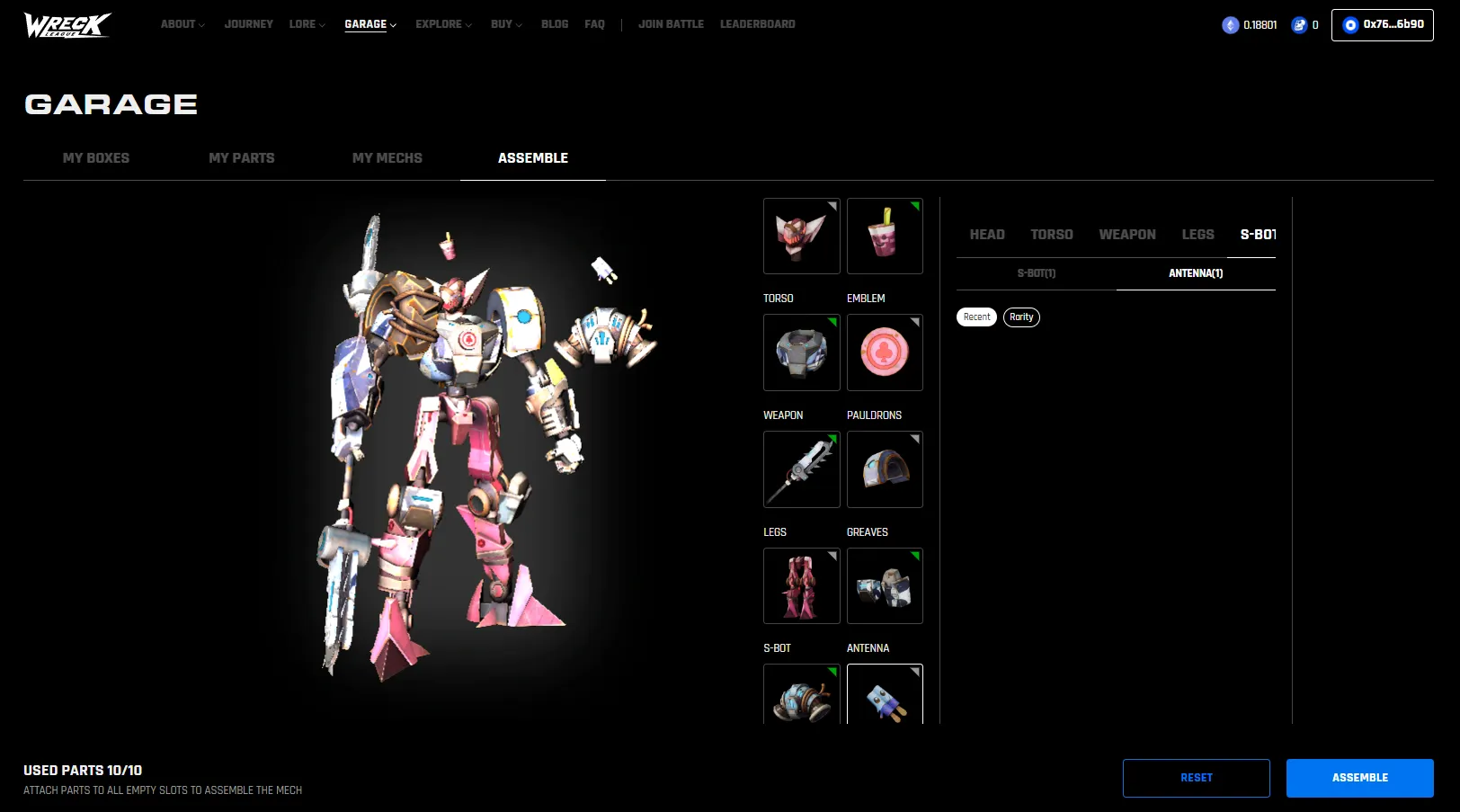 Screenshot showing mech parts and assembled mech.