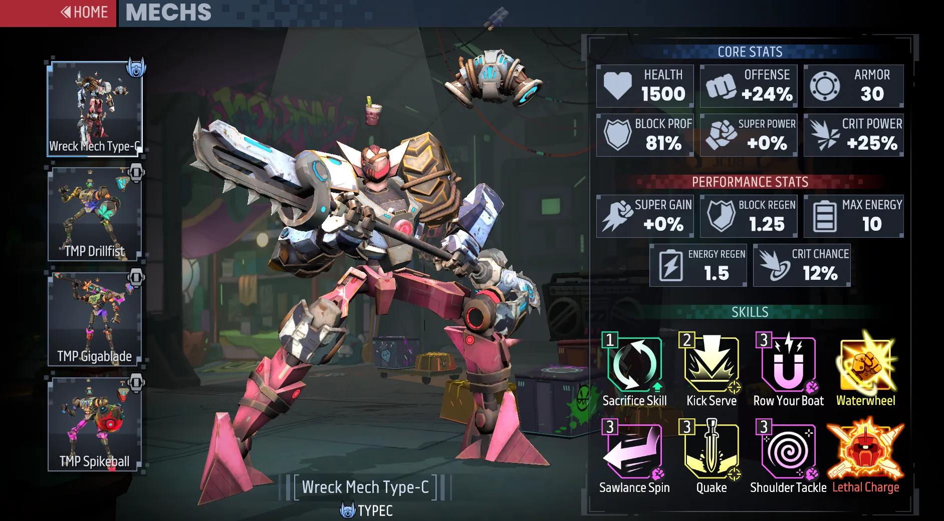 3D rendered mech with pink legs holding a long lance with a chainsaw blade at the end.