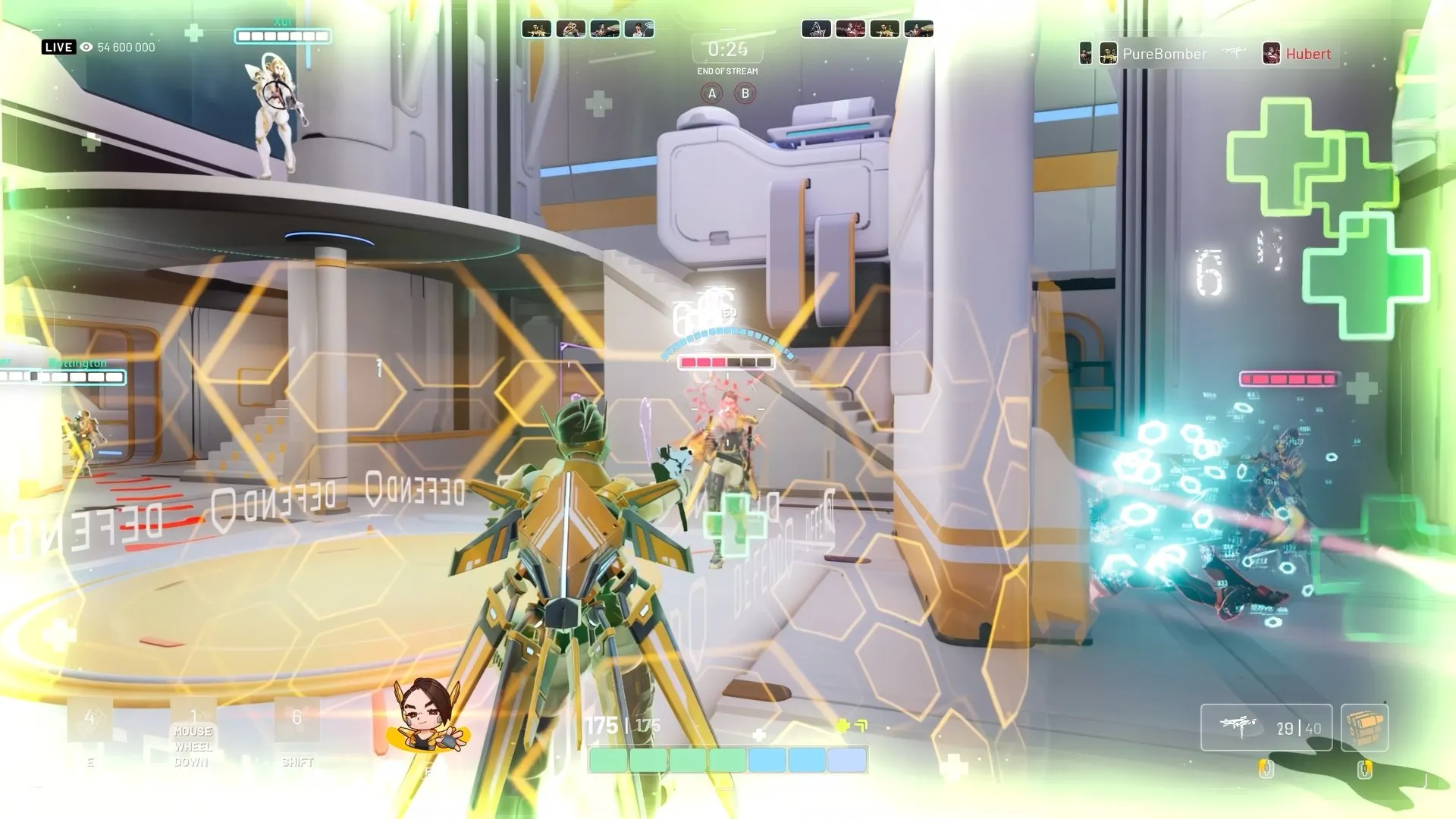 A screenshot of Farcana's game showing a healer healing another character with a green plus sign on a sci-fi map with enemy characters nearby.