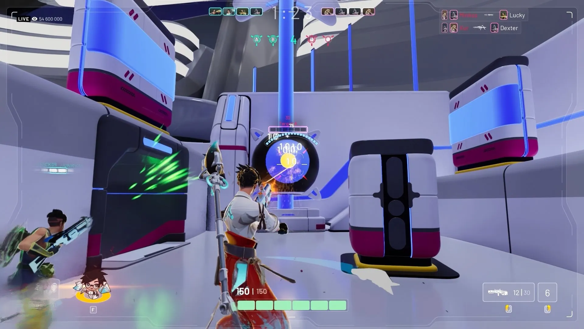 A screenshot of a range showing two characters practicing target practice.  One is shooting the bull's eye.