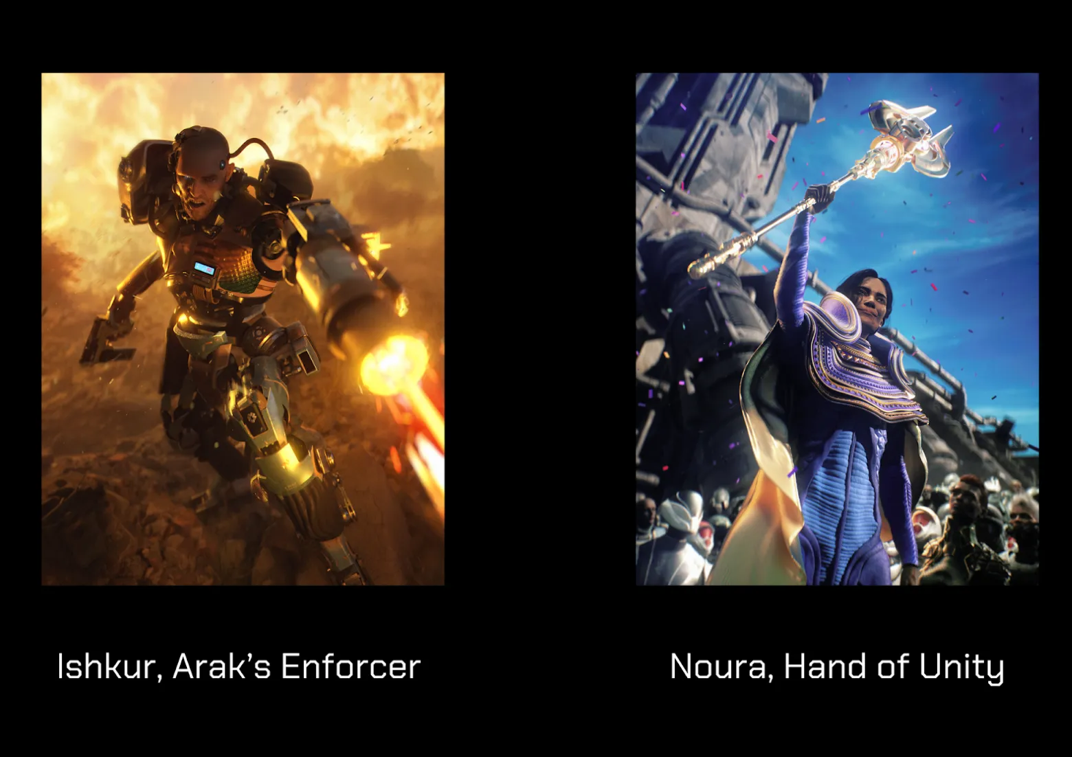 Screenshot of two Parallel cards showing their art. One is a cybernetic man flying in a dystopian gold lanscape and the other is a woman is purple royal clothing raising a staff into the air. They are Ishkur, Arak's enforcer, and Noura, Hand of Unity.