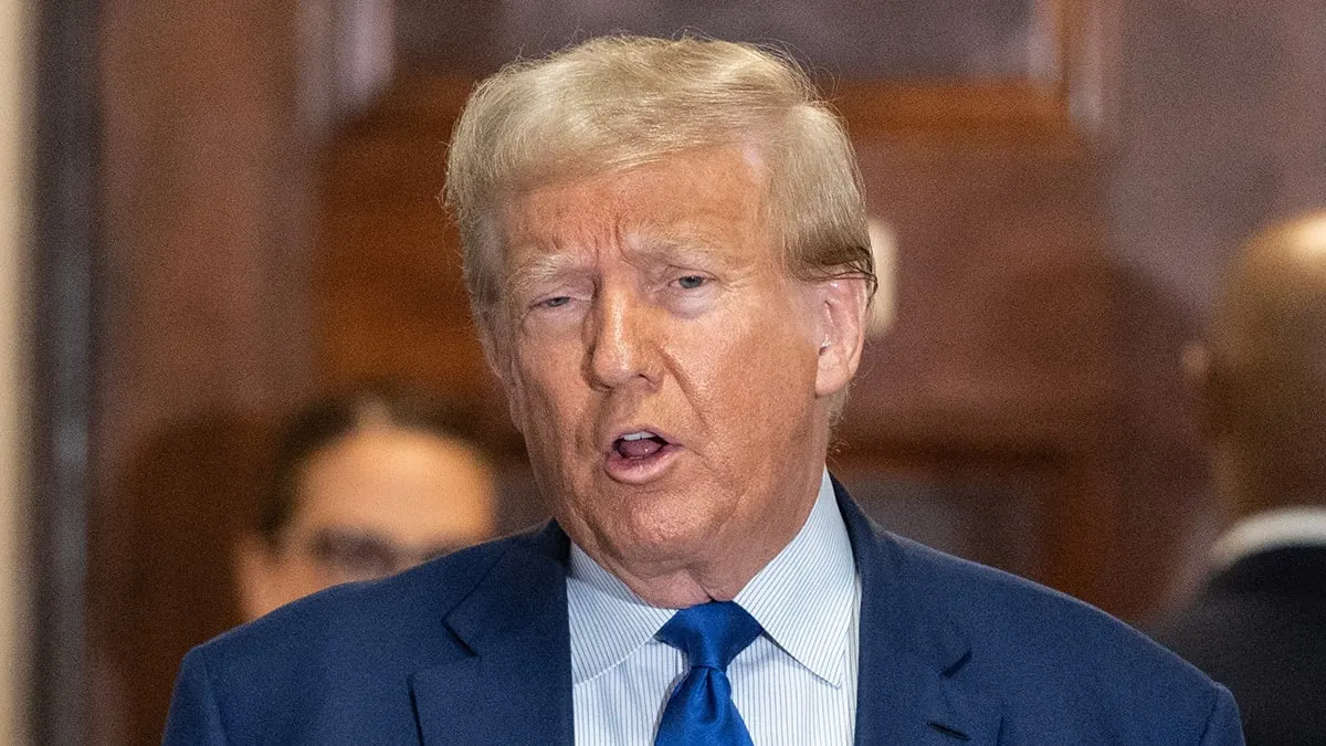 Former President Donald Trump addressed media before the second day of testimony of Michael Cohen of civil fraud trial at New York State Court on October 25, 2023. Image: Lev Radin / Shutterstock.com